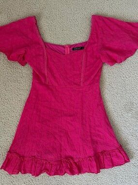 Double Crazy Fuchsia Square-Neck Midi Dress with Ruffle Hem